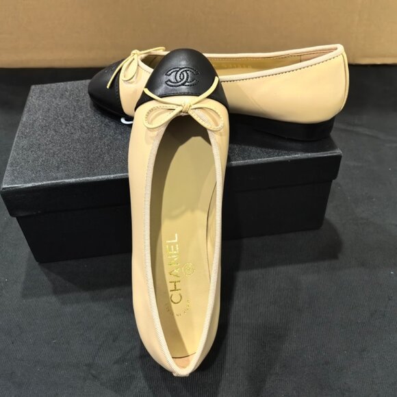 CHANEL Beige Lambskin Cap Toe Ballerina Flats - Picture 5 of 13